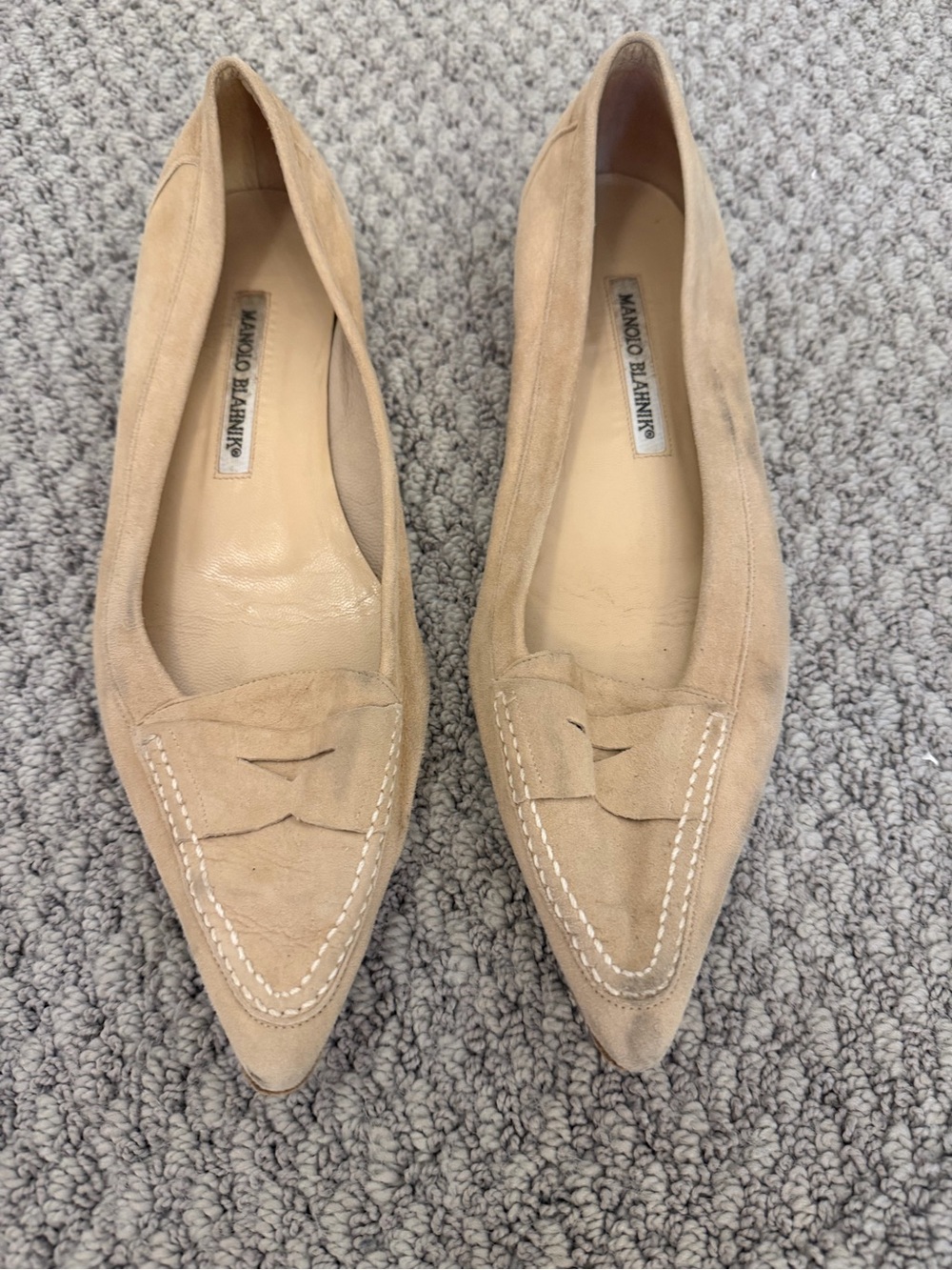 Manolo Blahnik Taupe Suede Pointed Loafers, Size 38